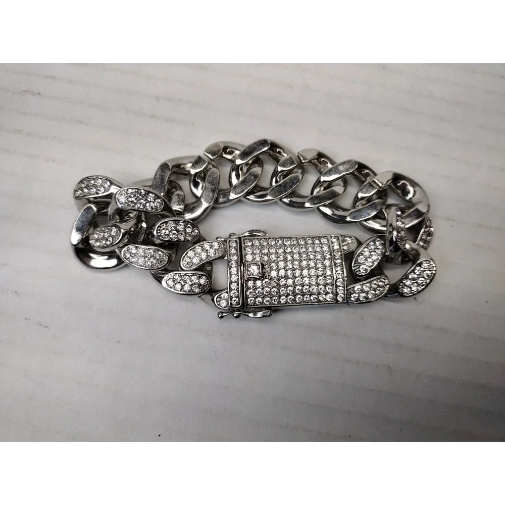 Miami Cuban Link Bracelet Silver Tone Solid Heavy Full Of Rhinestones Hip Hop